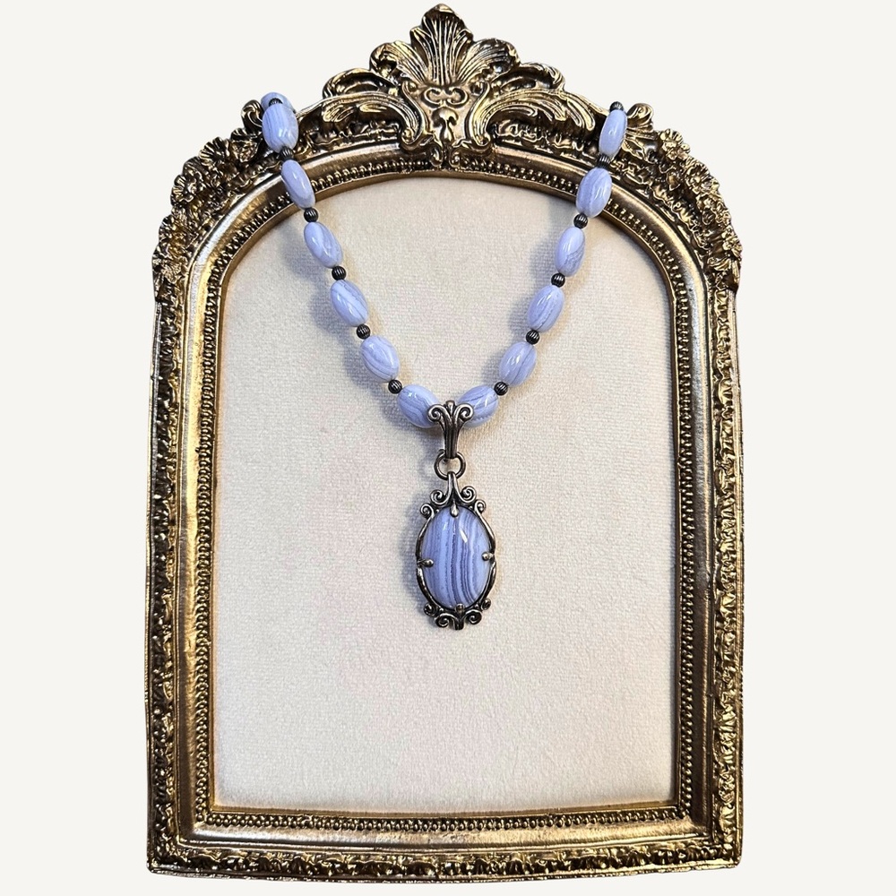 Vintage Carolyn Pollack Silver Blue Lace Agate Necklace w/ Detachable Pendant
